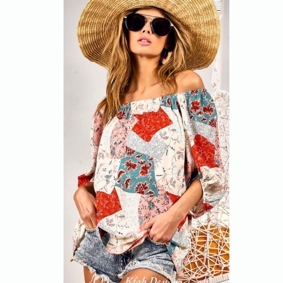 New!Clearance 🔥Boho Floral Patchwork Woven Off Shoulder Ballon Sleeve Soft Top - Picture 2 of 16